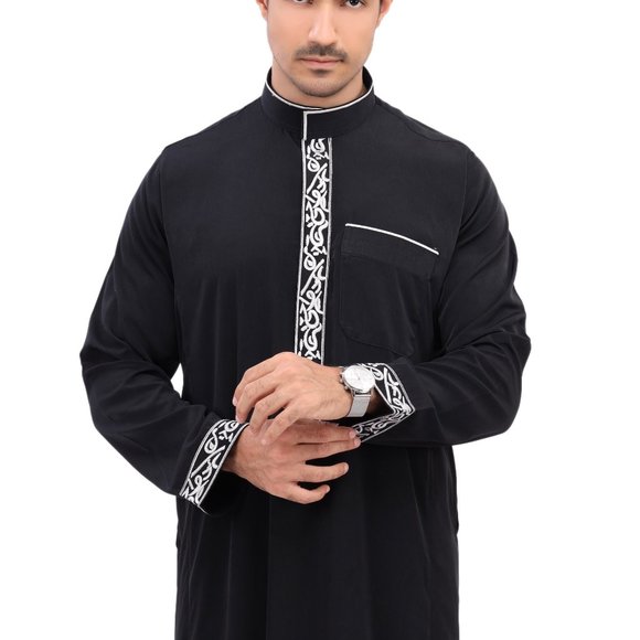 Men Arab thoub Dishdash Long Sleeve Thobe Islamic Robe Kaftan Abaya Dress - Picture 9 of 14